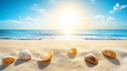Obraz premium Scattered seashells on sandy beach under warm sunlight by ocean