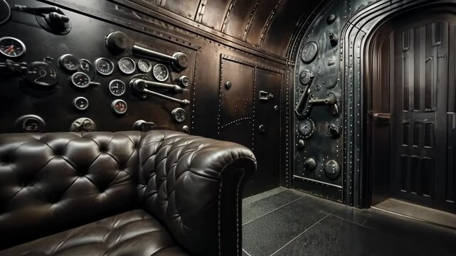 Steampunk inspired airship interior with industrial atmosphere and furnitures