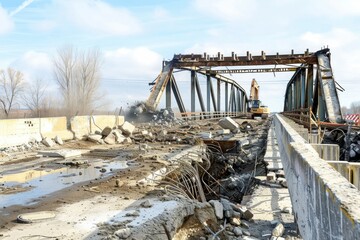 Bridge demolition in progress.  Controlled destruction underway with excavator.  New construction soon to begin.  Dynamic scene of debris and exposed steel.