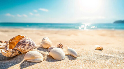 Scattered seashells on sandy beach under warm sunlight, evoking tranquility