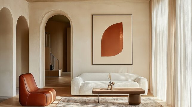 Minimalist living room, curved white sofa, round wooden coffee table, abstract red artwork, arched doorway, terracotta accent chair, neutral color palette, natural light, textured curtains, modern int