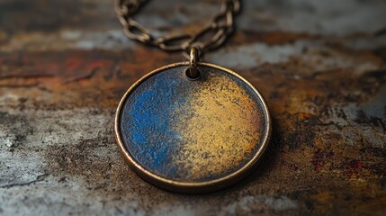 Rustic Blue and Gold Metal Pendant Necklace: Unique Vintage Jewelry with Aged Texture and Patina