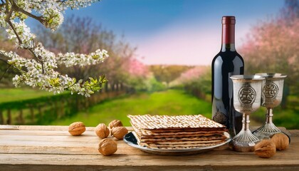 Naklejka premium Passover Seder: Matzah, wine, and walnuts.