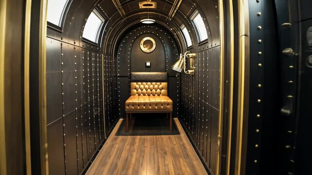 Vintage airship interior hallway with sofa and iron riveted walls