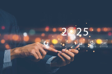 2025 planning business growth new year concept, Businessman use technology to manage business to grow sustainably through digital transformation, Plan strategy marketing Finance, Education, Training