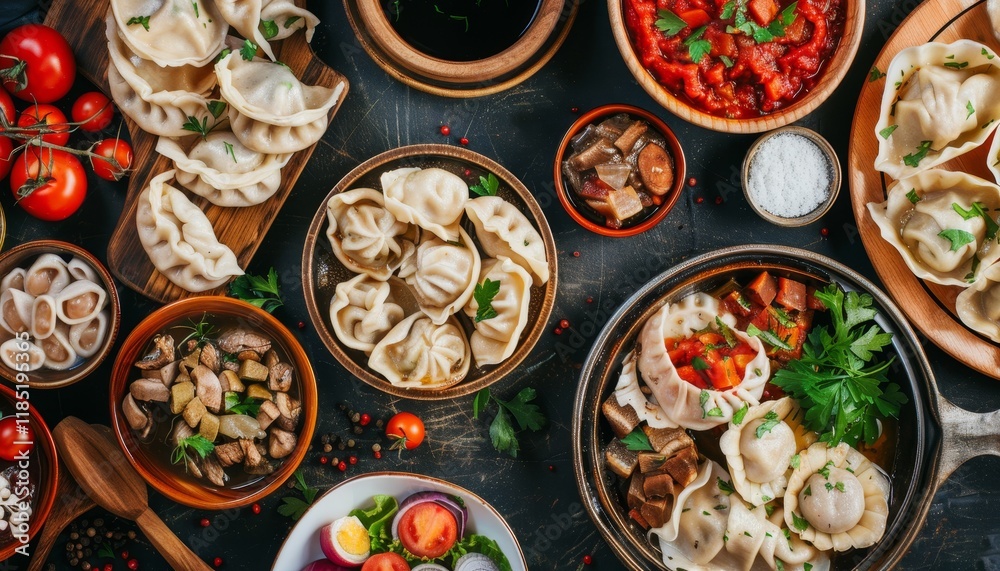 Canvas Prints A variety of dumplings, sauces, and vegetables are arranged on a dark wooden surface.