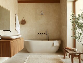 Modern minimalist bathroom design with freestanding bathtub