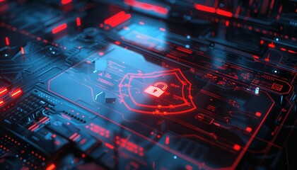 Obraz premium Cybersecurity alert! Red alert email spam notification. Futuristic interface shows a locked shield, warning of internet threats. Protect your data.