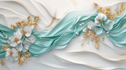 Teal silk, white flowers, gold leaves, wall mural design