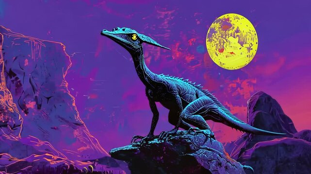 An exotic winged dinosaur creature with a yellow moon