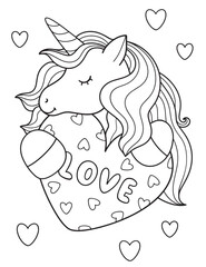 Unicorn with heart coloring page, love, Romance. Hand drawn vector illustration. Magical animal. Coloring book pages for adults and kids. Valentine's Day
