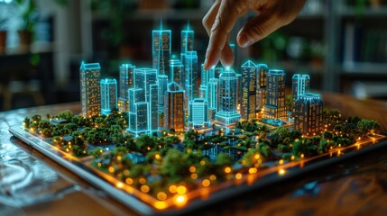 Hand interacting with a digital city model on a tablet. (1)