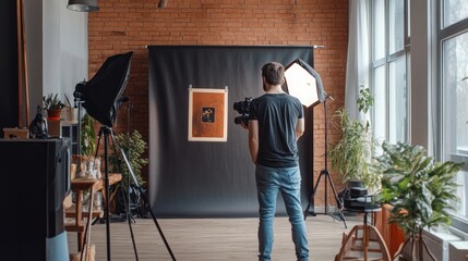 Photographer shoots artwork in studio with professional lighting.