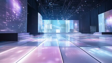 A modern stage with a high-tech LED floor and transparent projection screens 