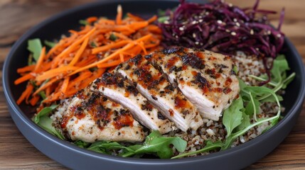 Grilled chicken breast with quinoa, shredded carrots, and red cabbage slaw.