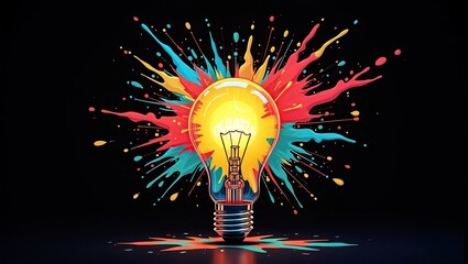 Illuminated Lightbulb Exploding With Colorful Paint Splashes