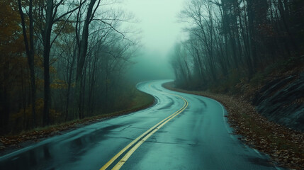 Fototapeta premium Winding road through foggy morning in forest, Fall season with copy space