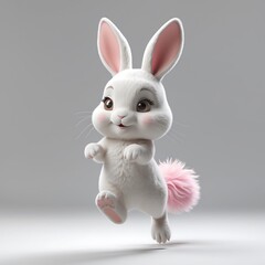 Obraz premium Adorable 3D Render of a Fluffy White Bunny Rabbit with Pink Tail, Joyful Leap