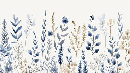 Watercolor floral pattern with blue and beige leaves and flowers