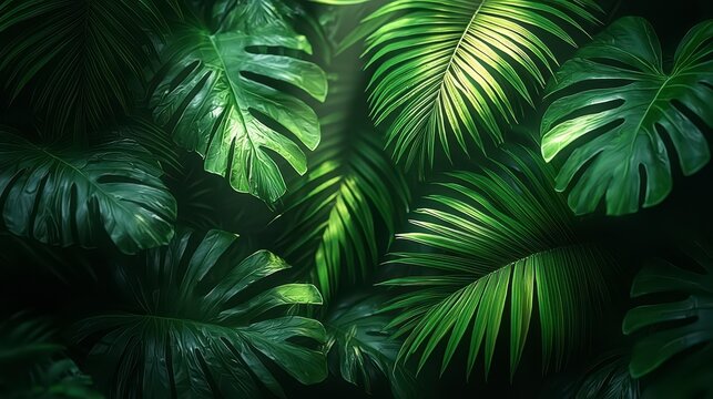 Lush green tropical leaves illuminated by sunlight.