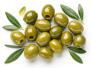 green olives with leaves. food, green, olive, olives, healthy, fruit, vegetarian, vegetable, ingredient, fresh, oil, white, isolated, appetizer, mediterranean, closeup, diet, organic, snack, italian, 