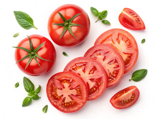 Fototapeta premium tomato and basil. tomato, food, vegetable, red, fresh, isolated, tomatoes, healthy, white, ripe, vegetarian, green, vegetables, pepper, freshness, fruit, organic, salad, diet, ingredient, plant, cut, 