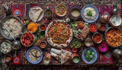 A colorful and vibrant spread of traditional food on a table with an intricate rug, featuring a variety of dishes including rice, flatbread, soup, and various side dishes.