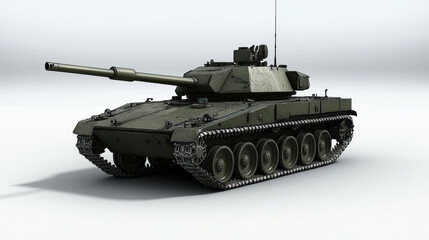 Military tank, camouflaged green, tracked vehicle, powerful cannon.
