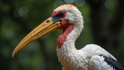 Obraz premium A vibrant yellow-billed stork gazes directly, its snowy-white head and neck a striking contrast to the fiery red of its throat and breast