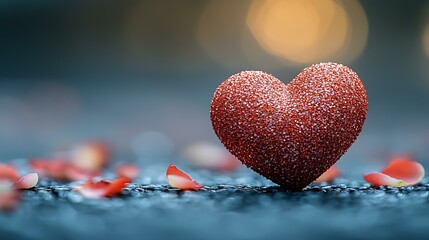 Fototapeta premium Close-up of a single red heart surrounded by rose petals, isolated on a dark background.