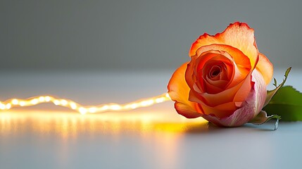 Close-up of a single red rose glowing softly inside a heart-shaped outline, isolated on white.