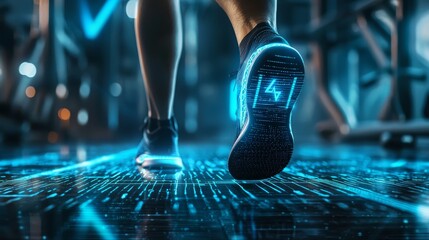 A high-tech gym scene, close-up of a runner's step, AI data overlays tracking performance, vibrant neon blue highlights, futuristic holographic graphics