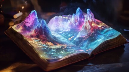 Obraz premium A holographic book with pages that unfold into immersive learning environments, showcasing infinite educational possibilities