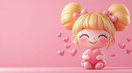 Cupid mascot smiling and spreading floating hearts while holding a bow, isolated on pink.