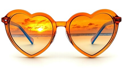Flat design heart-shaped sunglasses with a reflection of a beach sunset.
