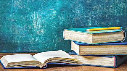 stack of textbooks with open notebook and pencil on wooden table