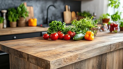 Fresh vegetables on a rustic kitchen counter.