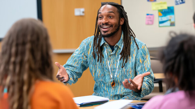 confident man presenting project to classroom of students