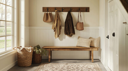 A charming entryway with a rustic wooden bench, coat hooks above, and a cozy patterned rug, creating a warm and inviting welcome.