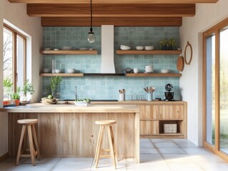 Modern Kitchen Island with Wooden Accents and Teal Tiles