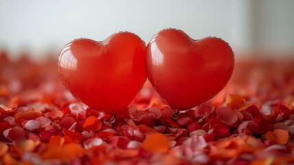 Red heart balloons floating above a bed of soft rose petals, isolated on white.