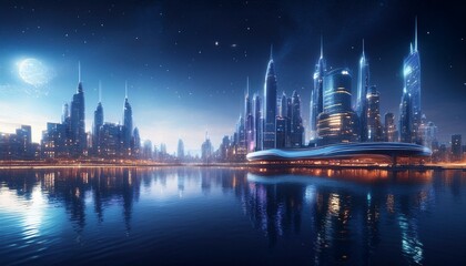 Obraz premium 水上に輝く未来的都市の夜景背景