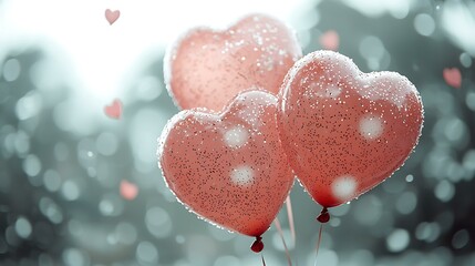 Red heart-shaped balloons with tiny floating rose petals and sweet sparkles, isolated on white.