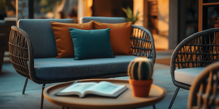A stylish patio with sleek gray furniture,  colorful pillows and a small table 