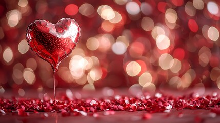 A heart-shaped balloon surrounded by falling rose petals, isolated on a soft red background.