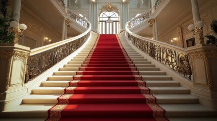 Obraz premium Grand staircase with red carpet, ornate railings, and elegant architecture.