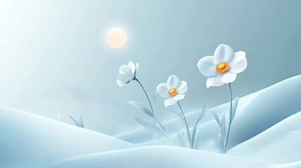 Serene White Flowers Bloom in a Soft Blue Landscape