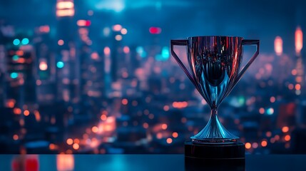 A modern trophy cup with sharp metallic edges, set against a glowing cityscape at night 