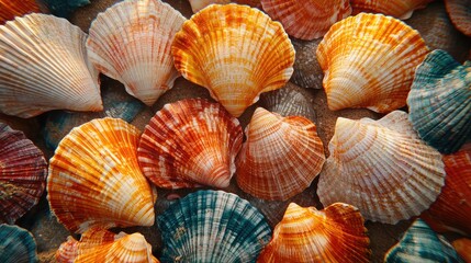 Obraz premium Seashells on the Beach: A Collection of Colorful Shells, Summer Vacation, Ocean Coast, Nature, Tropical Paradise