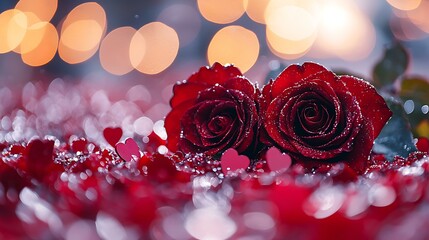 Close-up of a pair of roses encircled by floating red hearts, isolated on white.